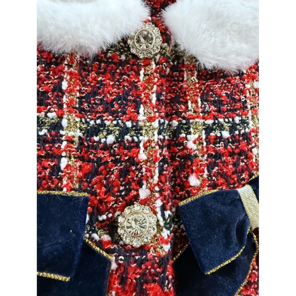Blueberi Boulevard Red Plaid Tweed Dress Faux Fur Collar Bows 2T Holiday - Picture 9 of 11
